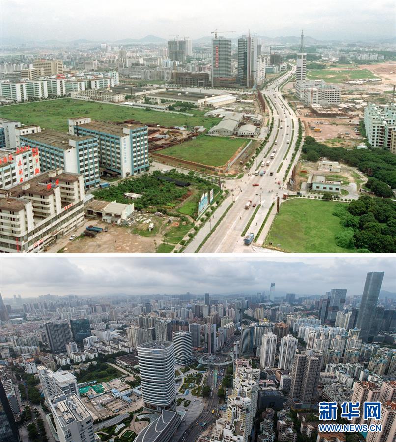 拼版照片:上图为位于深圳南头半岛上的南油开发区(资料照片,新华社记者张肄文摄);下图为2018年6月20日拍摄的原南油开发区(新华社记者毛思倩摄)。新华社发