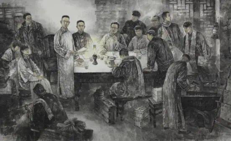 △以济南共产党早期组织的创始人王尽美、邓恩铭等为题材的国画《寒夜星火——1921·济南马克思学说研究会》,王磐德、周群 创作
